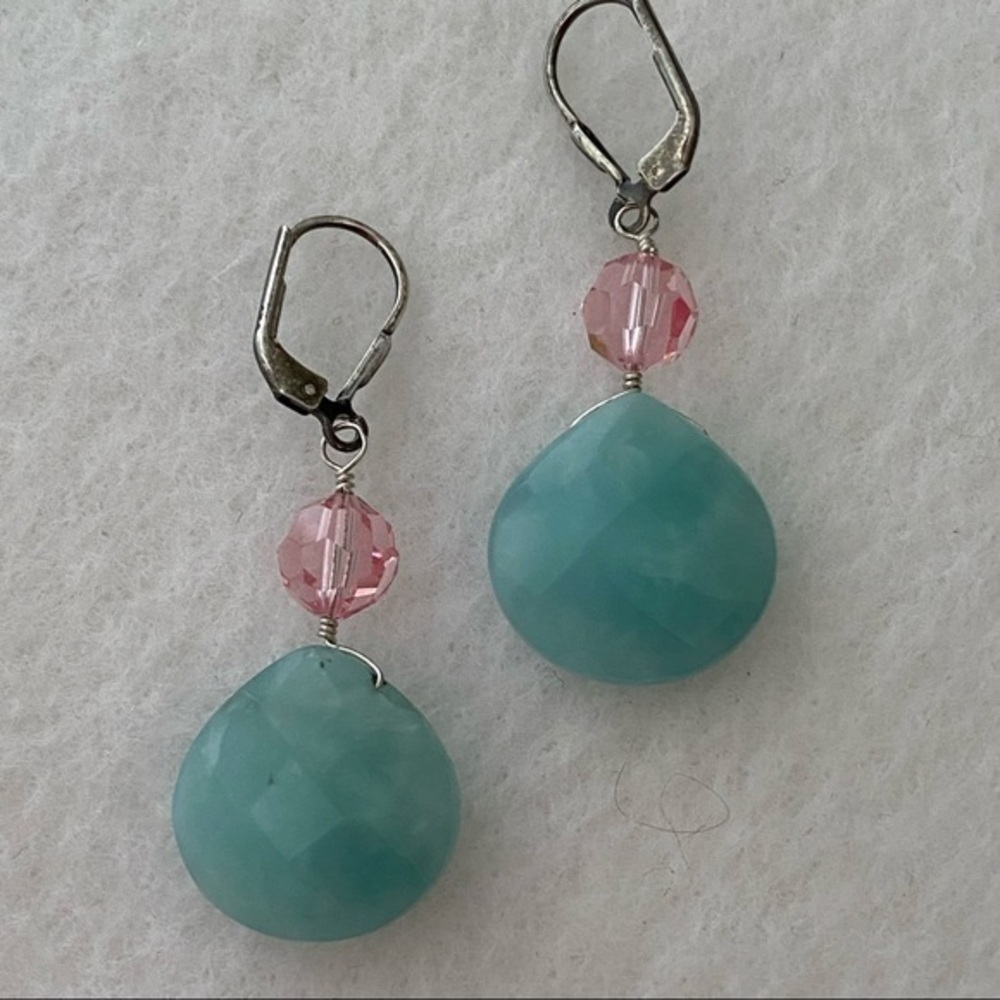 Hand Crafted 925 Silver Mint Green Jade Pink Diamond Crystal Teardrop Earrings